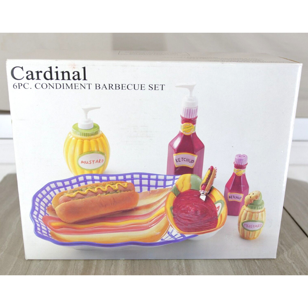 Ceramic Ketchup‎ & Mustard 6pc cardinal condiment barbecue set